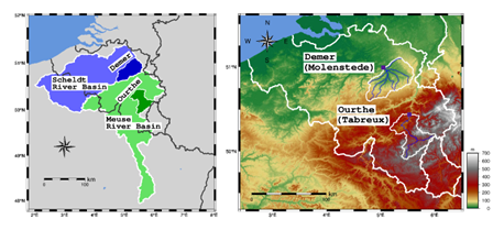 Location of the two study catchments ‘Demer’ and ‘Ourthe’ within the Scheldt and Meuse river basin in Belgium