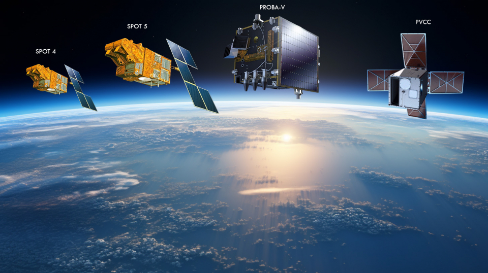 From left to right: SPOT-4 and SPOT-5 (both carrying a VGT instrument along with their main payload), PROBA-V and the newly launched PVCC(artist's impression – respective dimensions are not respected)