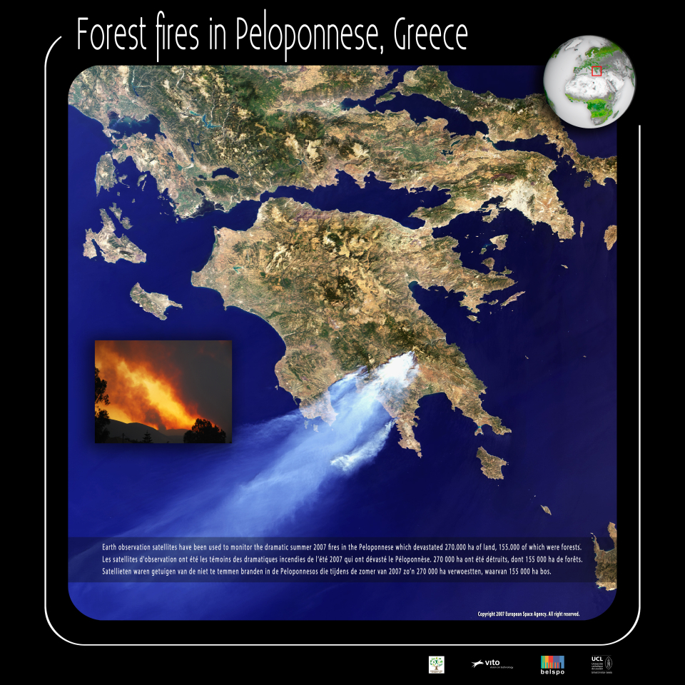Earth observation satellites have been used to monitor the dramatic summer 2007 fires in the Peloponnese Which devastated 270.000 ha of land
