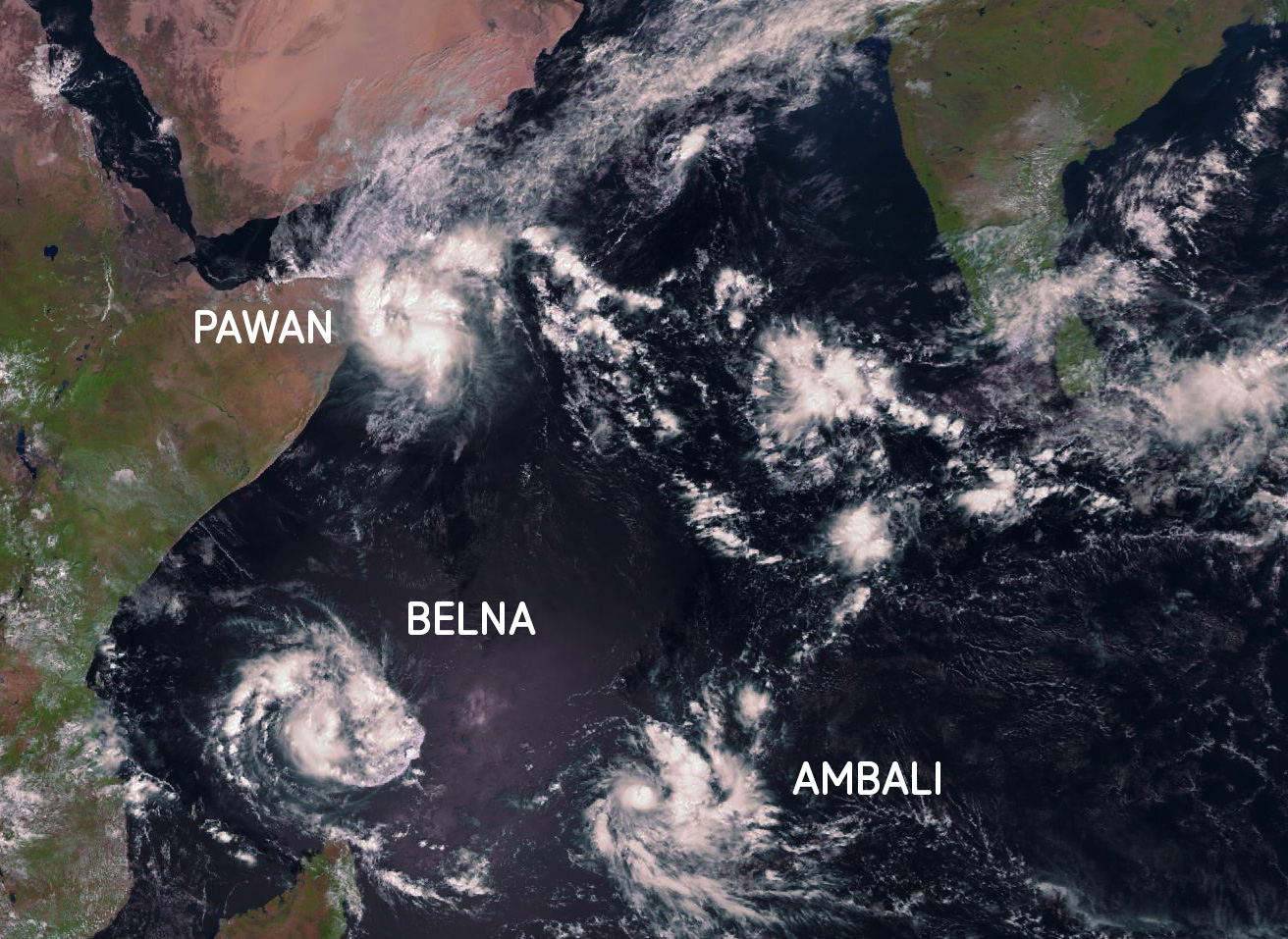 Pawan, Belna and Ambali, three unusual cyclones in the Indian Ocean