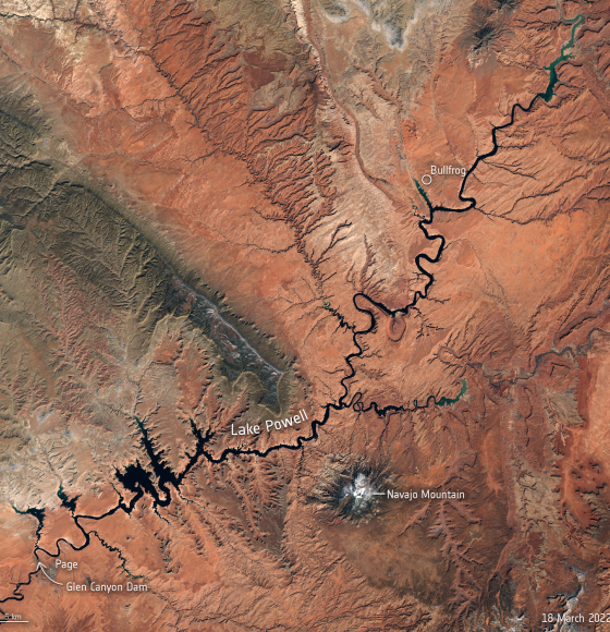 Dwindling water levels of Lake Powell seen from space