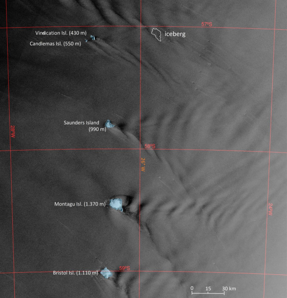 Copernicus Sentinel-1 relates internal wave information, while following unnamed iceberg