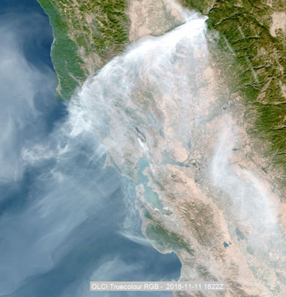 Smoke from devastating, widespread wildfires in California in November 2018 seen by Sentinel-3