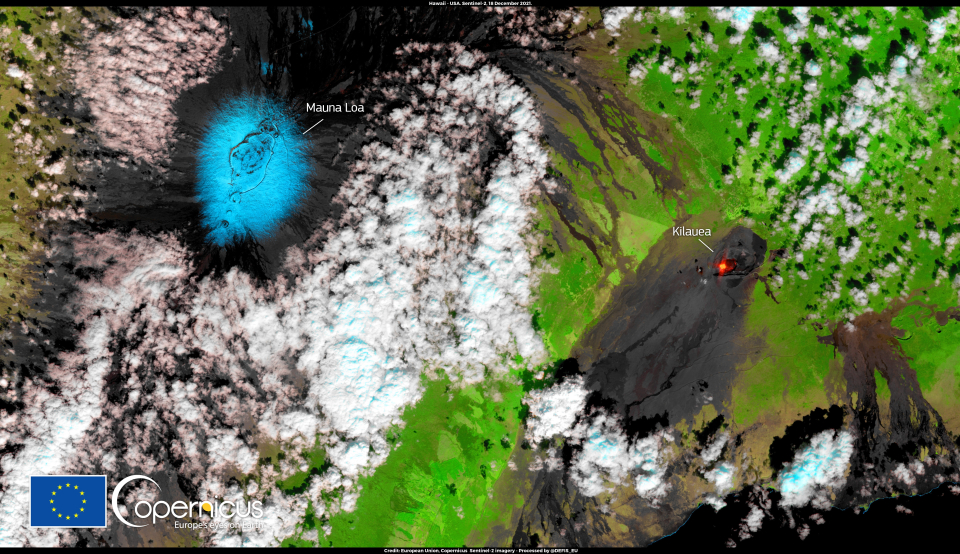  This false-colour image, acquired on 18 December by one of the Copernicus Sentinel-2 satellites, shows the Mauna Loa volcano’s summit still covered in snow more than ten days after the event. Click here to view the image at its full resolution.