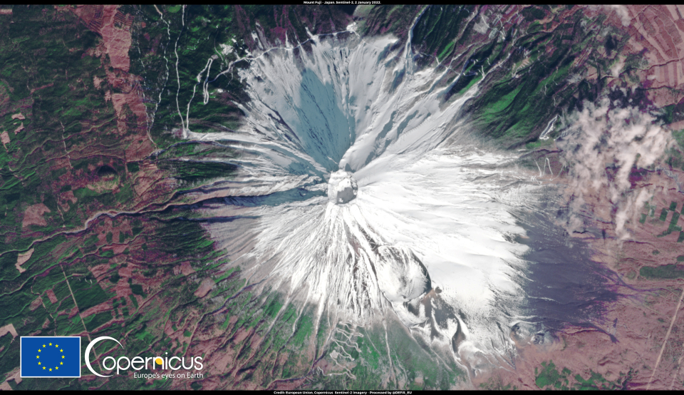 This image, acquired on 2 January 2022, shows the summit of Mount Fuij in Japan covered in snow after the recent snowfall at the end of December 2021.Click here to view this image at full resolution.