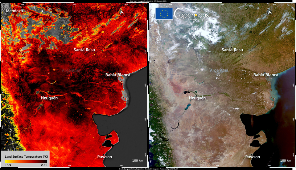 These images, produced using data from the Copernicus Sentinel-3A satellite on 11 January 2022, show a cloudless view (right) and land surface temperature (left) of southern Argentina.Click here to view the image at full resolution.