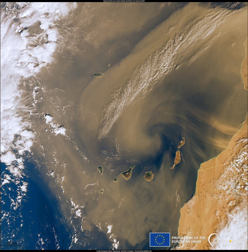 This image, acquired by one of the Copernicus Sentinel-3 satellites on 30 January, shows a new Saharan dust storm, the third in less than two weeks, with transport from the west coast of Africa over to the Atlantic Ocean.Click here to view the image at full resolution.