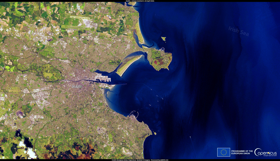 This image, acquired on 20 April 2022 by one of the Copernicus Sentinel-2 satellites, shows the city of Dublin and the eponym bay, at the mouth of the Liffey River on the Irish Sea Coast.Click here to view the image at full resolution.