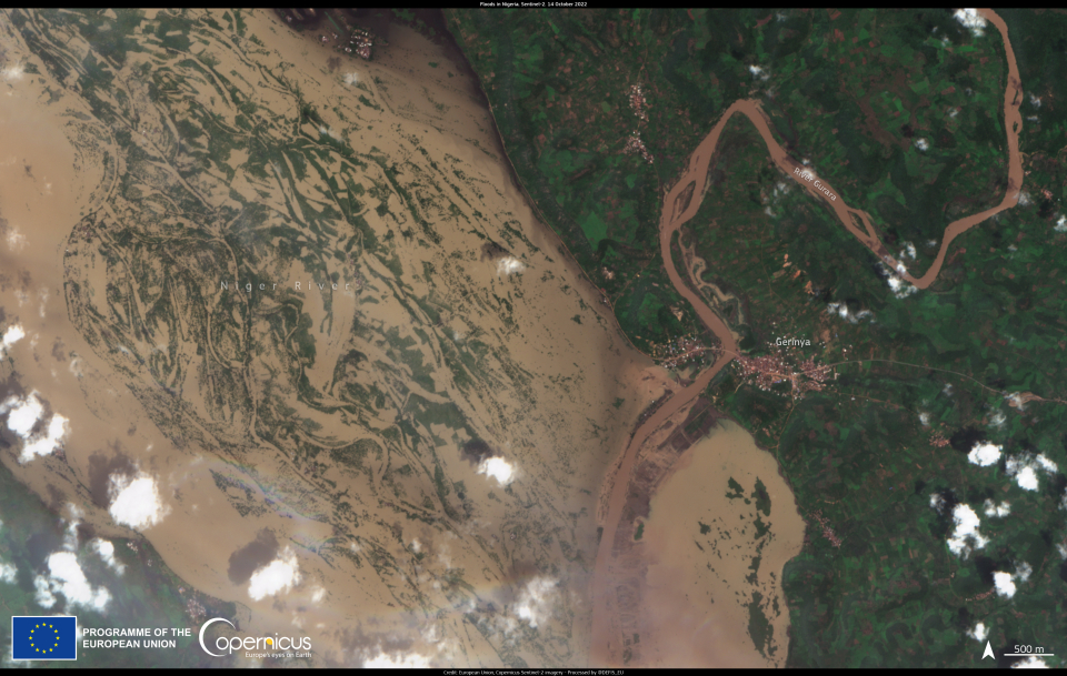 This image, acquired by one of the Copernicus Sentinel-2 satellites on 14 October 2022, shows the flooded areas near Gerinya, a village situated in the Kogi State in central Nigeria. 	Click here to view this image at full resolution