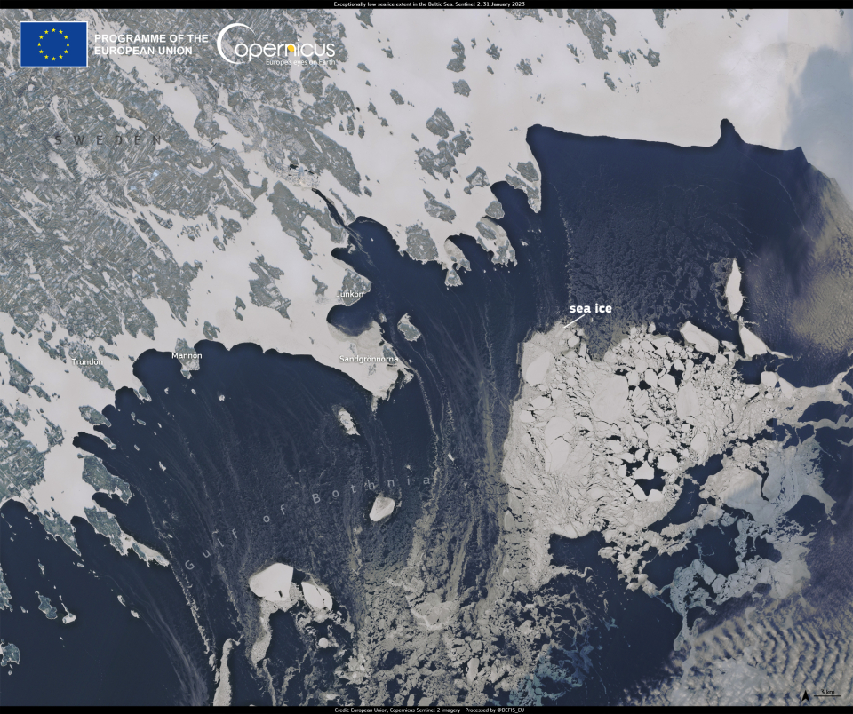 This image, acquired on 31 January 2023 by one of the Copernicus Sentinel-2 satellites, shows sea ice floating in the Gulf of Bothnia, between Sweden and Finland, and provides a glimpse at the current situation.Click here to view the image at full resolution/