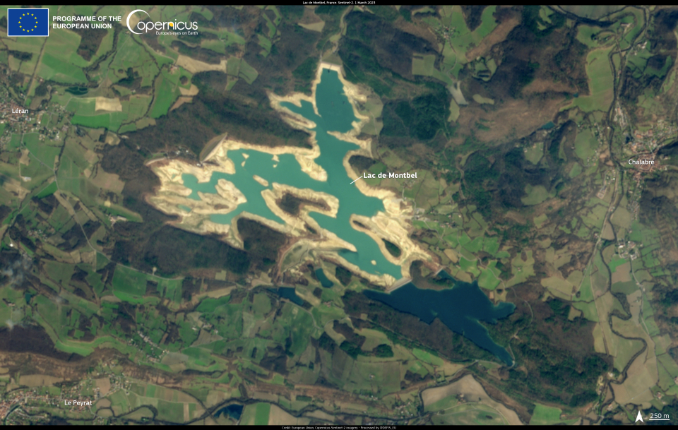This image, captured on 1 March 2023 by one of the Copernicus Sentinel-2 satellites, shows the Lac de Montbel, with yellow sandbanks visible in place of the water that once filled it.click here to view the image at full resolution