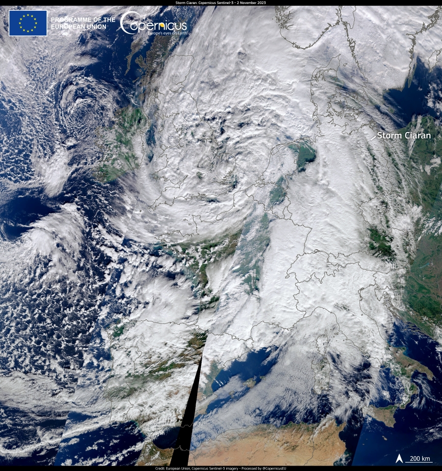 This Copernicus Sentinel-3 image of the storm, acquired on 1 November, shows Ciaran covering almost the whole of Europe.