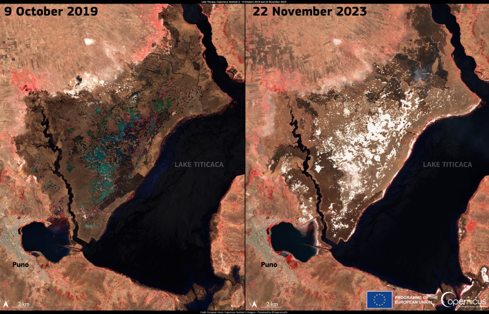 In these images, acquired by the Copernicus Sentinel-2 satellites in 2019 and 2023, the decrease in the water level of the lake during the last 4 years is clearly visible.