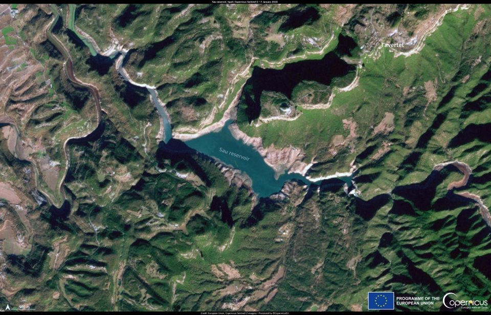 This image of Pantà De Sau, acquired by one of the Copernicus Sentinel-2 satellites on 7 January 2024, shows the lack of water in the reservoir.