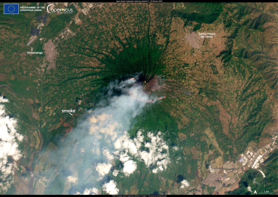 This image of the Agua Volcano wildfire was acquired by one of the Copernicus Sentinel-2 satellites on 23 February.Click here to view the image in full resolution.