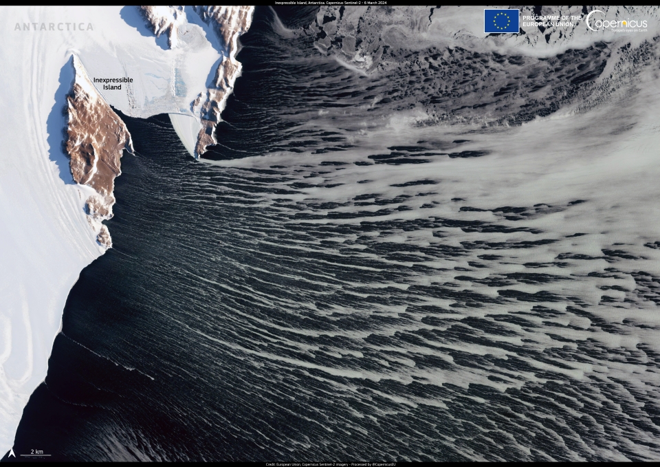 This image was acquired by one of the Copernicus Sentinel-2 satellites on 6 March. It shows sea ice shaped by katabatic winds near Inexpressive Island in the Terra Nova Bay, in Antarctica.Click here to view at full resolution