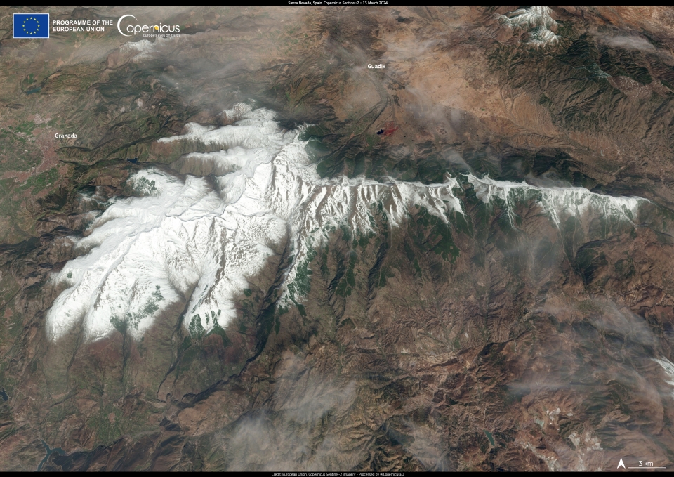 This image, acquired by one of the Copernicus Sentinel-2 satellites on 13 March, shows the snowy Sierra Nevada mountains.Click here to view at full resolution.