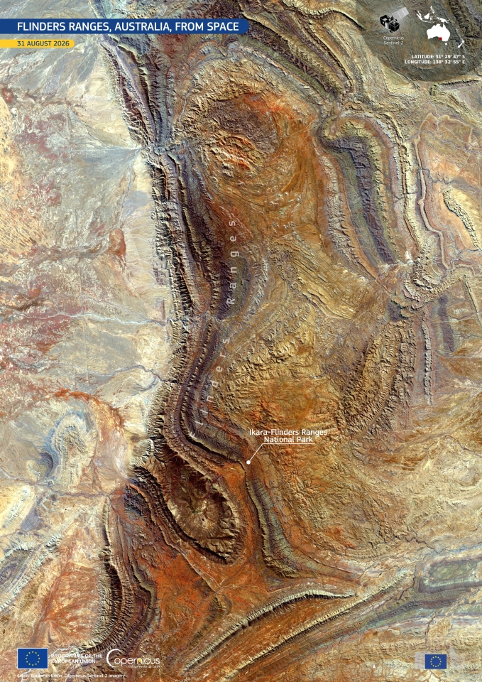 Parallel ridges and curved folds stand out across the Flinders Ranges in this false-colour Sentinel-2 image acquired on 31 August 2026. Variations in orange, brown, blue-grey and pale tones highlight differences between exposed rock, soil and sparse vegetation. Image: European Union, Copernicus Sentinel-2 imagery