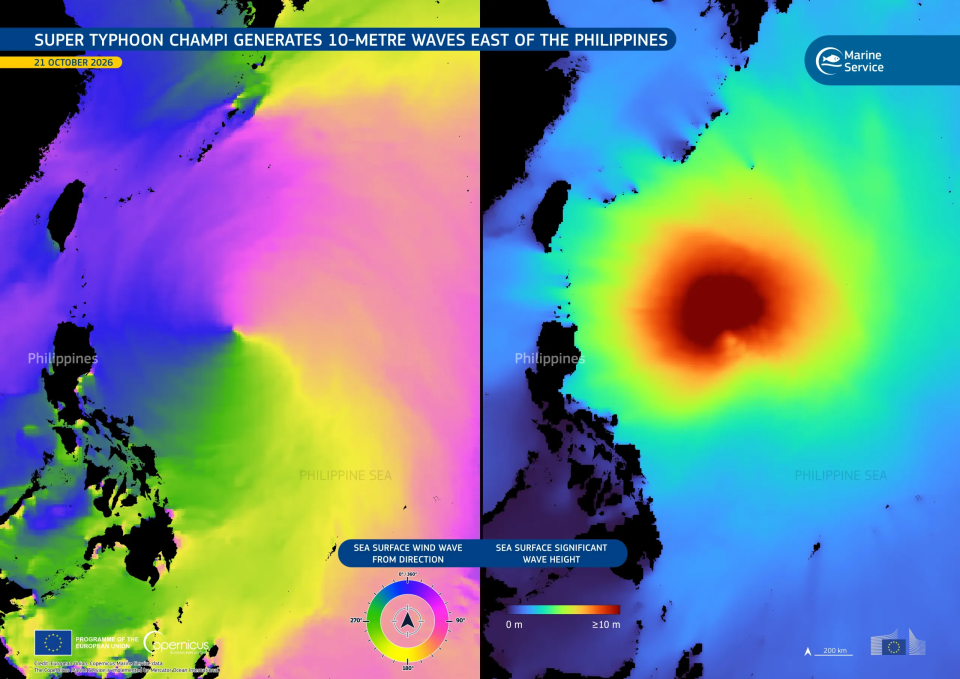 Copernicus Marine Service data show waves spiralling anticlockwise around Super Typhoon Champi on 21 October 2026. Near the storm’s centre, significant wave heights reached around 10 metres. Image: European Union, Copernicus Marine Service data