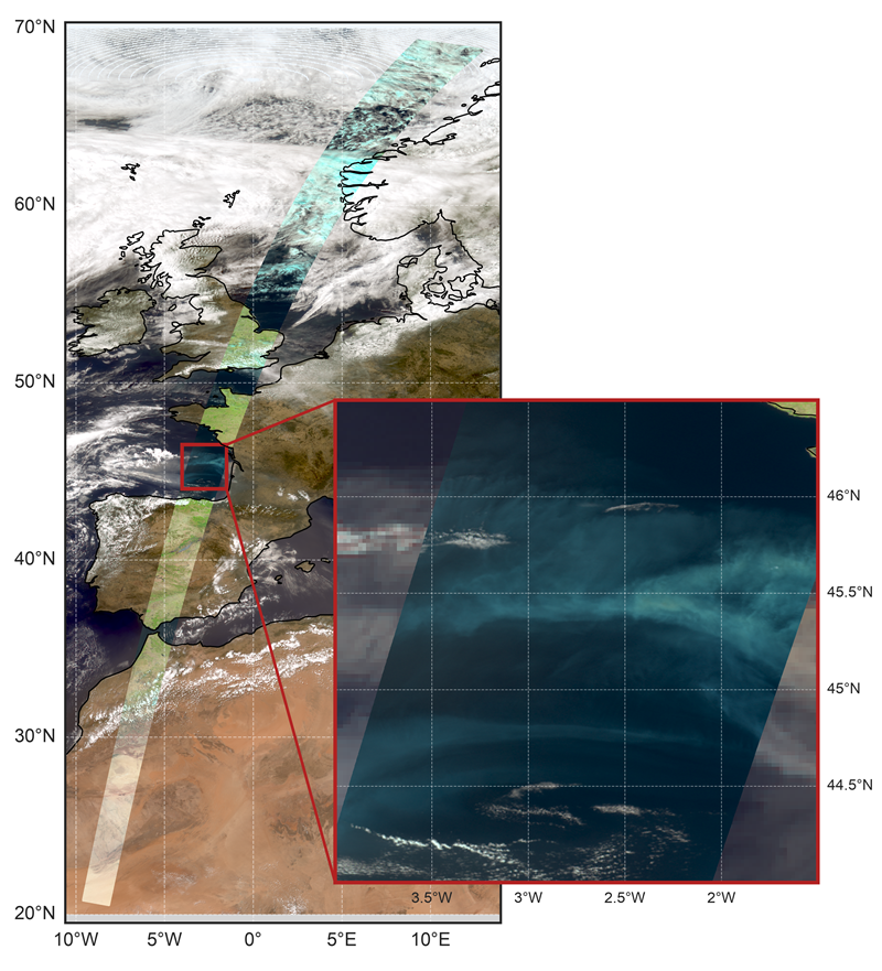 EarthCARE’s multispectral imager captured smoke from the Bordeaux wildfire spreading over the Bay of Biscay on 24 July 2026, during the early development of a rare wildfire-induced thunderstorm. Image: ESA/EarthCARE