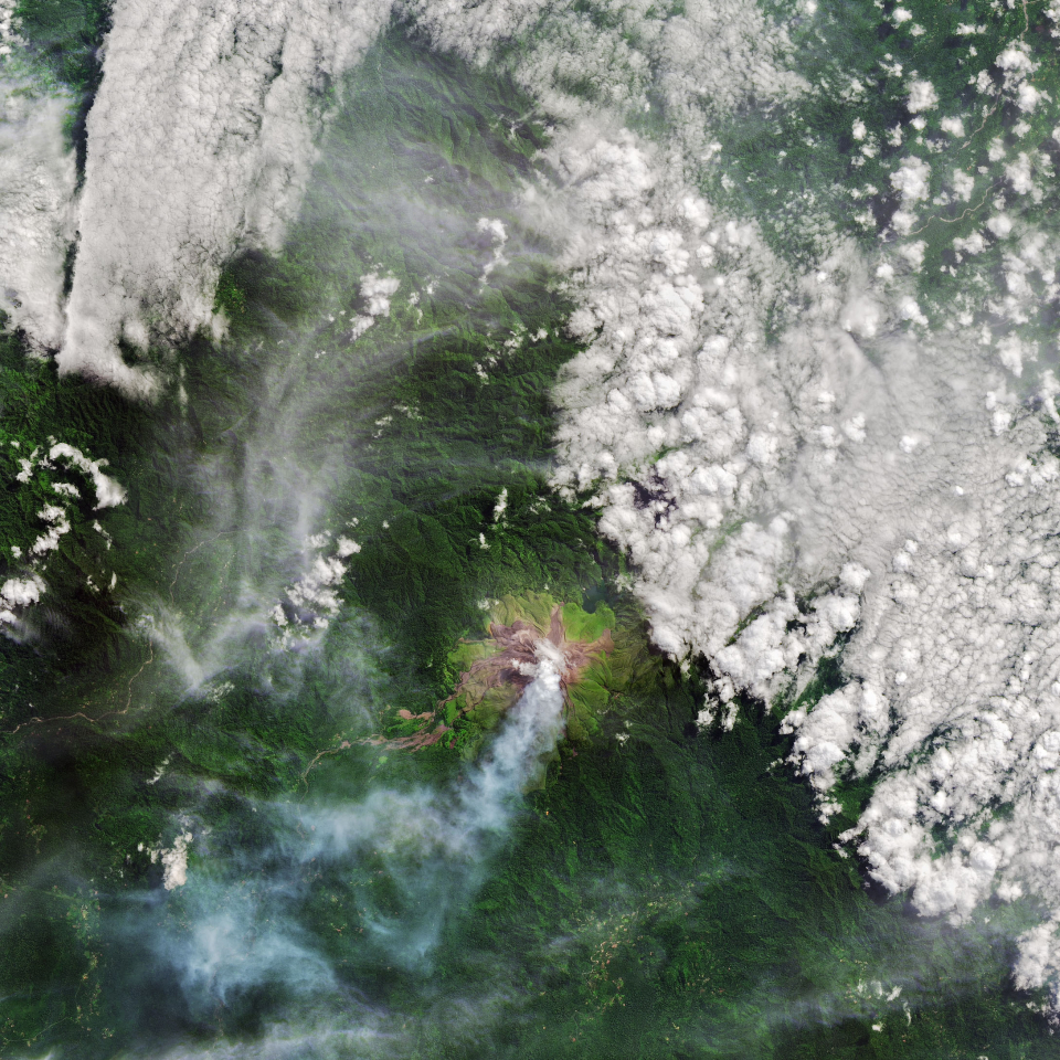 A large conical volcano in Papua New Guinea has been built up from prolific lava flows over the last 300 to 500&nbsp;years.Click here to view this image at full resolution
