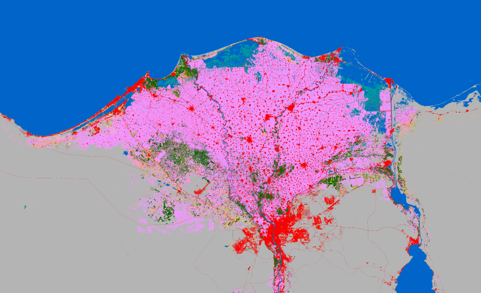 Land imaging of the Nile Delta in Egypt for food security using ESA WorldCover. The pink colour represents cropland, which dominates delta. The red colour represents built-up areas, which are increasing over time.