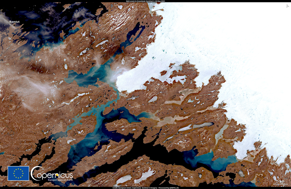 European Union, Copernicus Sentinel-2 imagery of the first significant melt event of 2021 in Greenland