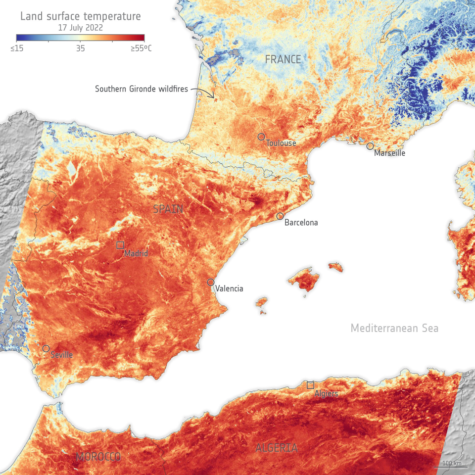 Copernicus Sentinel-3 captures Europe’s heatwave