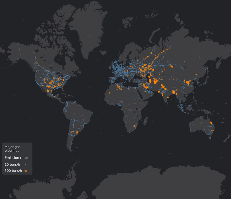 Map of oil and gas ultra-emitters derived from measurements collected by Copernicus Sentinel-5P’s TROPOMI instruments. The orange circles represent methane measurements and the blue lines represent major gas pipeline.Click here to view at full resolution.