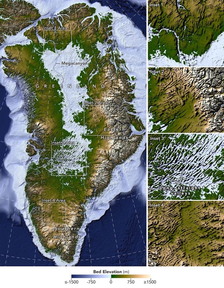 A new map reveals an extensive network of valleys hidden beneath the Greenland Ice Sheet, including long, remarkably straight valleys in the west-central part of the island. Image: NASA Earth Observatory/Lauren Dauphin, based on data from Chartrand et al.