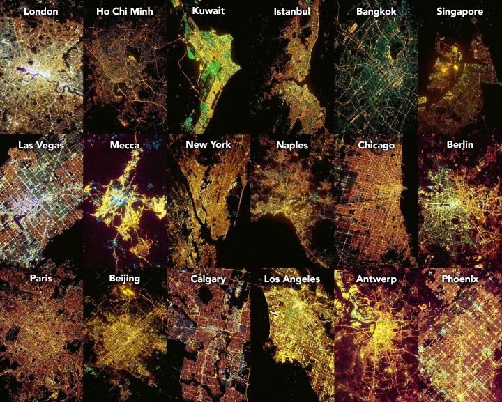 A mosaic of photographs of the world's cities, taken by astronauts onboard the ISS 