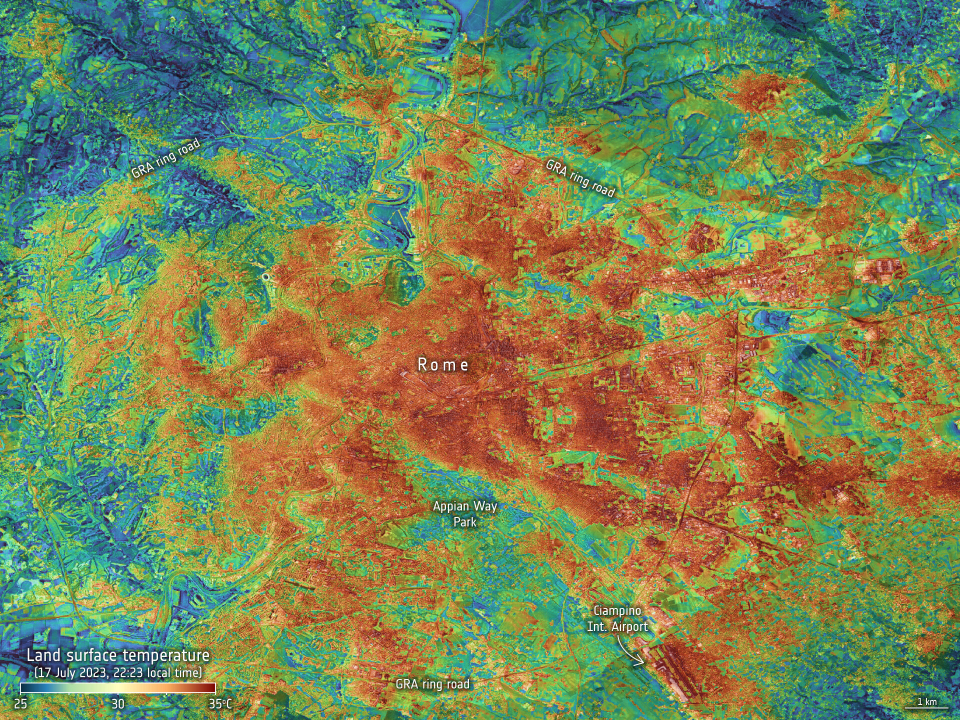 Land-surface temperature in Rome on 17 July 2023click here to view the image at full resolution
