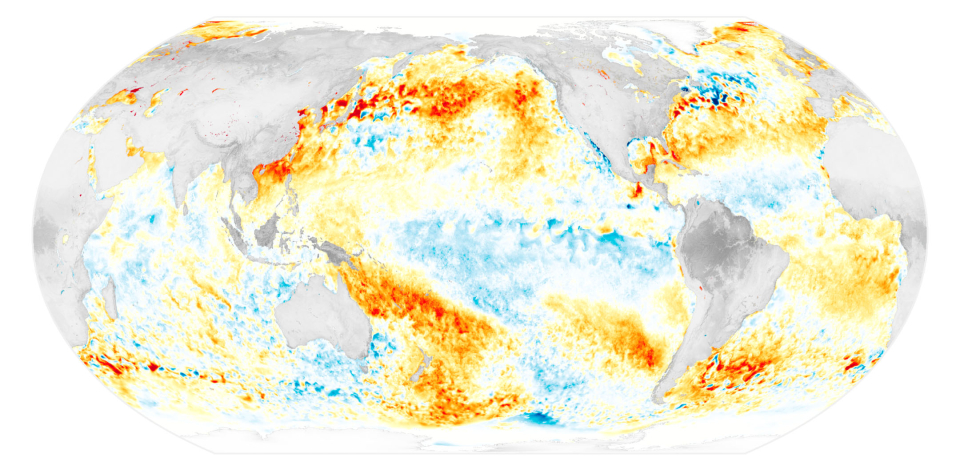The map above shows sea surface temperature anomalies on November 29, 2022. The signature of La Niña is visible in the central and eastern Pacific Ocean as areas of cooler-than-average water. From the South American coast to the international dateline, surface waters on this day were roughly 1°C (1.8°F) cooler than usual.