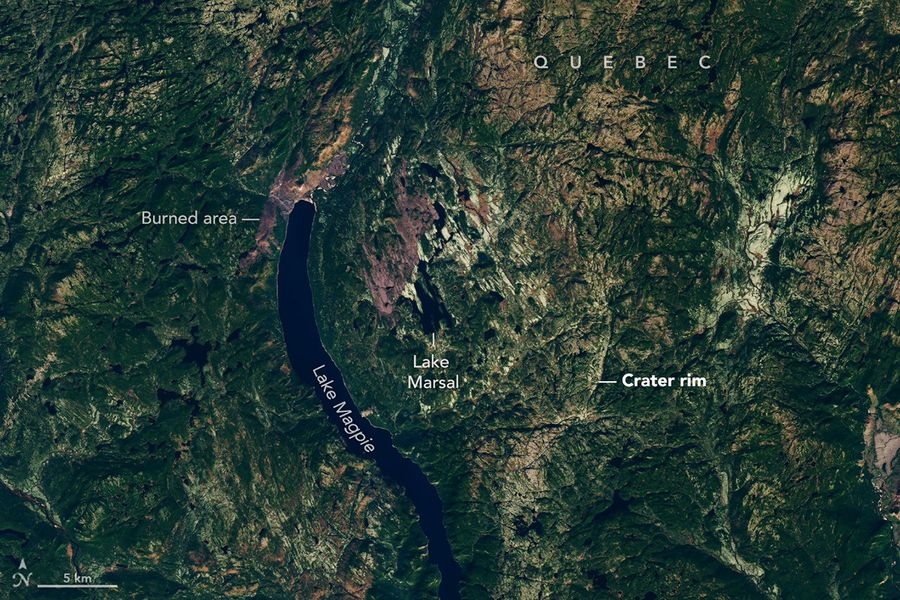 Seen from space, the Uhackatik impact structure reveals a subtle circular outline in the landscape of northern Quebec, with Lake Marsal lying close to its centre. The image was acquired by Landsat 8 on 12 October 2025.Image: NASA Earth Observatory/Lauren Dauphin, using Landsat data from the U.S. Geological Survey.