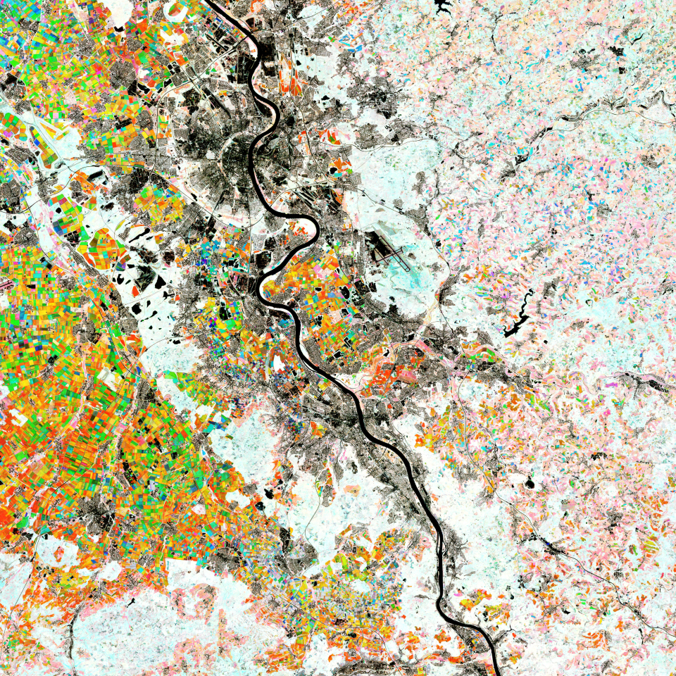 This composite image was created by combining three separate Normalised Difference Vegetation Index (NDVI) layers from the Copernicus Sentinel-2 mission. The Normalised Difference Vegetation Index is widely used in remote sensing as it gives scientists an accurate measure of health and status of plant growth.Click here to view the image at full resolution.