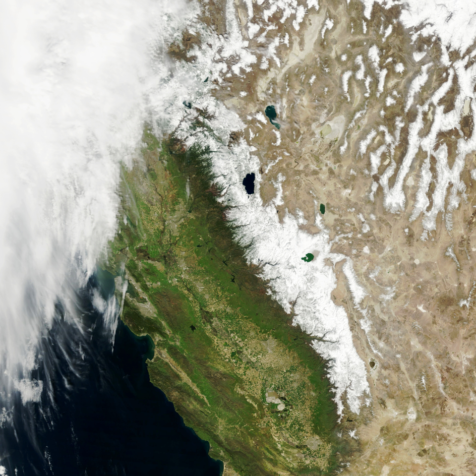 Atmospheric rivers delivered a huge amount of snow to the California mountain range.Click here for the full resolution image.