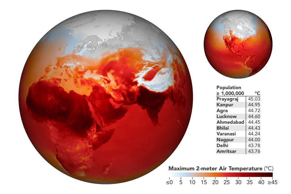 The map above shows modeled air temperatures on April 27, 2022. It was derived from the Goddard Earth Observing System (GEOS) model, and represents air temperatures at 2 meters (about 6.5 feet) above the ground.Click here to view the image at full resolution.