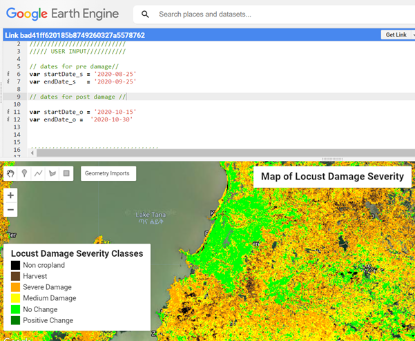 Crop Damage Assessment tool in Earth Engine using a change detection on Sentinel-2 data. Based on an interpretation of the observed change in a particular part of the growing season, damage categories are defined.