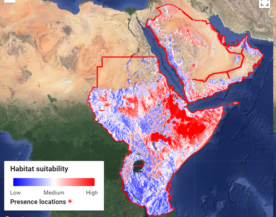 Habitat suitability of Desert Locust for East Africa and the Middle East based on a Machine Learning approach.