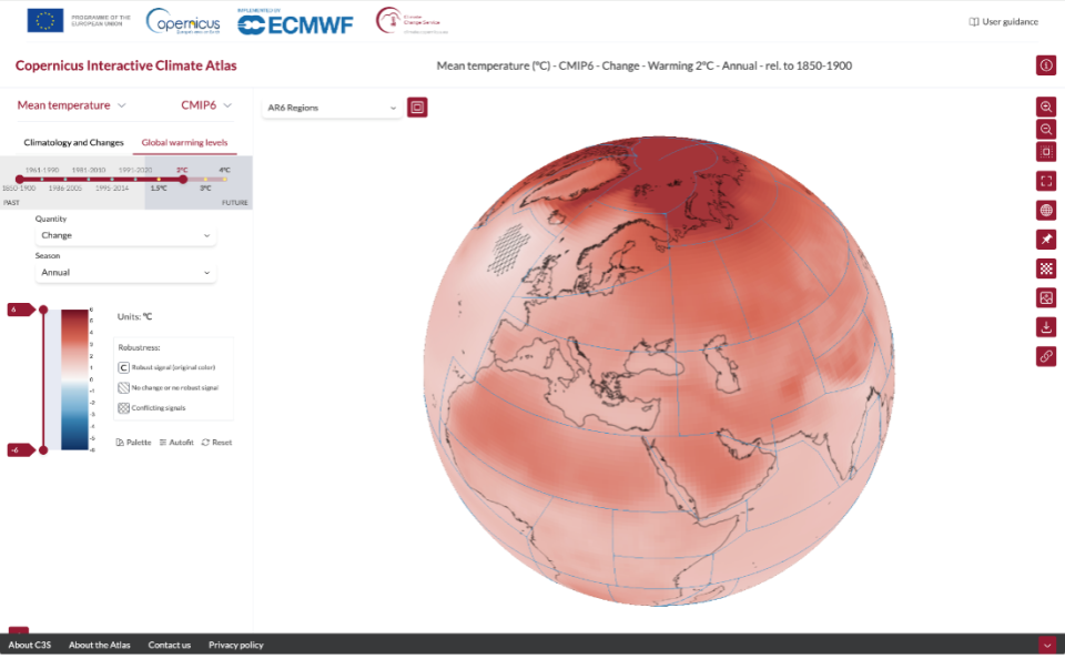 The landing page of the Copernicus Interactive Climate Atlas (C3S Atlas) shows a mean temperature increase for a 2° global warming relative to the pre-industrial baseline (1850-1900). Credit: European Union, Copernicus Climate Change Service