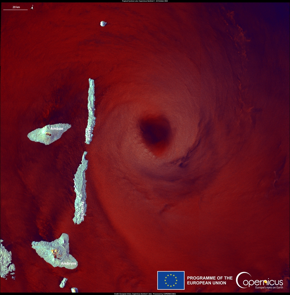 This Copernicus Sentinel-1 radar image of Cyclone Lola, acquired on 24 October, shows the eye of Lola east of Maewo Island.