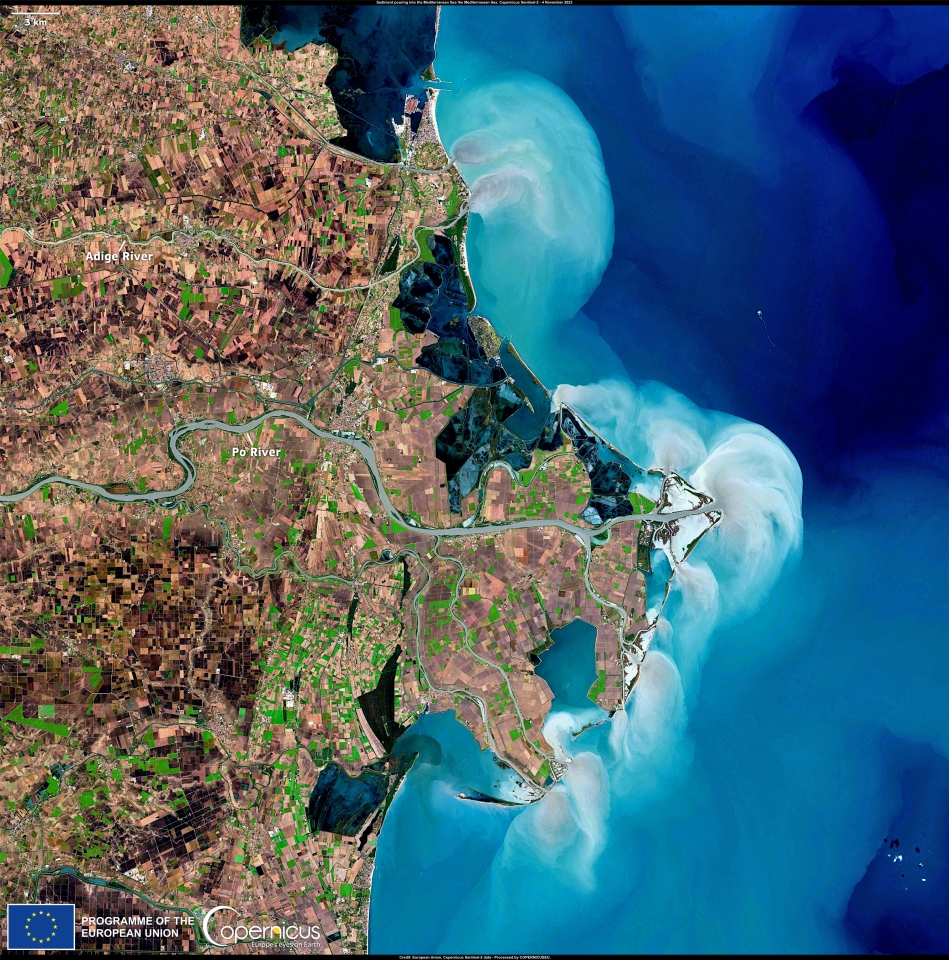 This Copernicus Sentinel-2 image acquired on 4 November, 2023 shows massive amounts of sediment pouring into the Mediterranean Sea from the Angie and Po rivers.