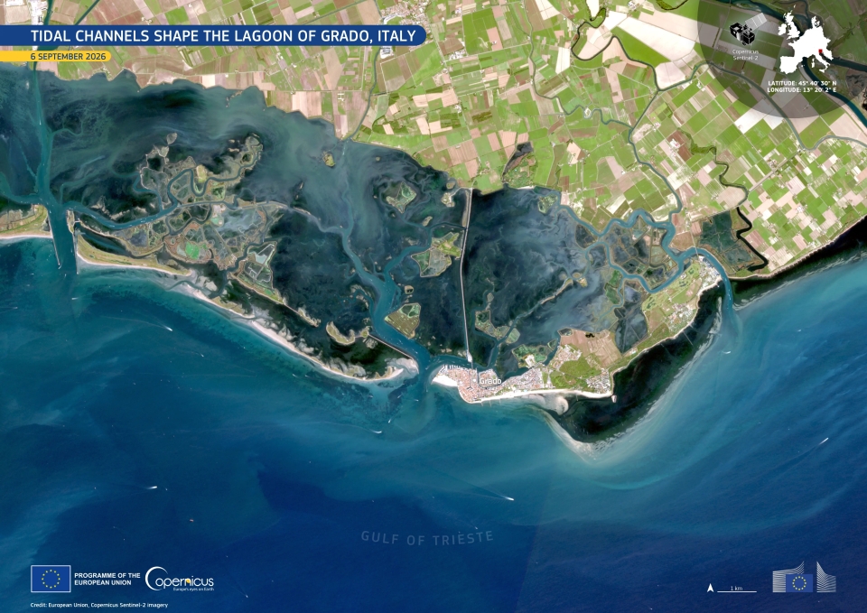 A network of meandering tidal channels cuts through the shallow waters and wetlands of the Lagoon of Grado in north-eastern Italy. Variations from turquoise to darker blue reveal changes in water depth and suspended sediment. The image was acquired by Copernicus Sentinel-2 on 6 September 2026. Image: European Union, Copernicus Sentinel-2 imagery