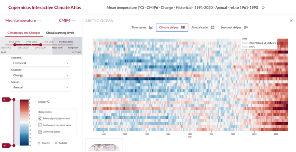 The climate stripes obtained from the climate projections provide detailed information about the data of each ensemble member (model). Credit: European Union, Copernicus Climate Change Service