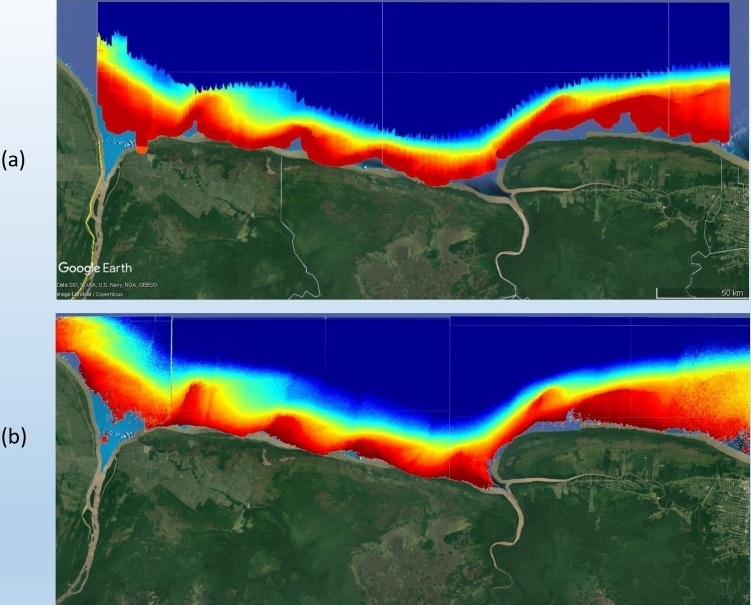 (a) MAS single-beam echo sounding survey.(b) Bathymetry derived with Sentinel 2, composite of all images 2017-2022Copyright: Contains modified Copernicus Sentinel data (2017-22)/processed by R.Abileah (jOmegak Consulting)
