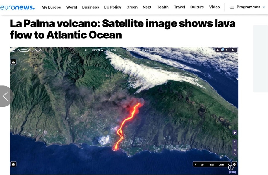 Satellites can provide multiple views of a phenomenon. This visualisation combines both visible and infrared measurements to show lava flow in the context of the surrounding region during the eruption of the Cumbre Vieja volcano in La Palma, 2021. Credit: Euronews