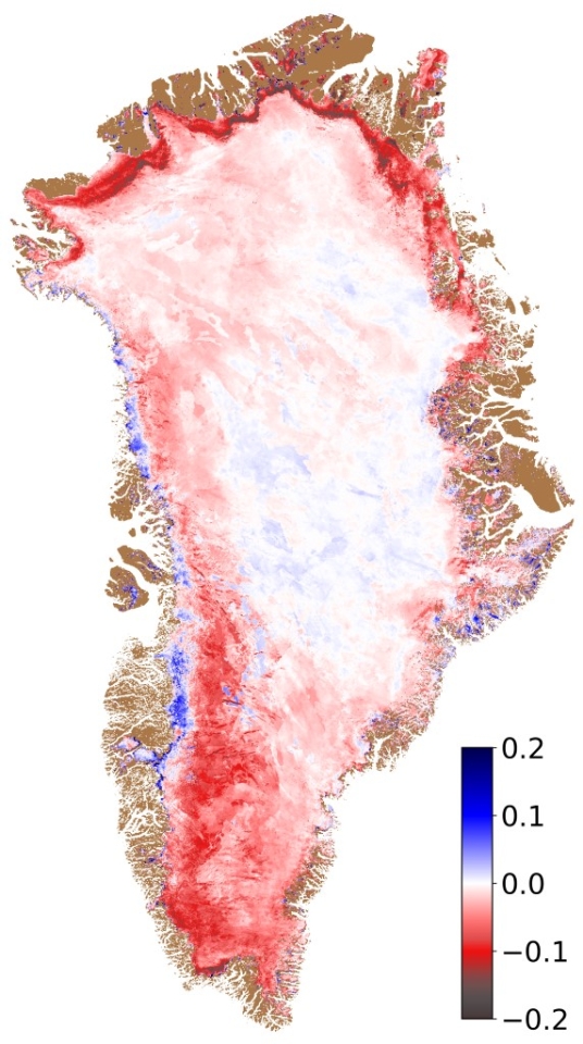 Abnormal July 2023 warmth caused albedo anomalies across Greenland ice sheetCopyright:ESA SICE project
