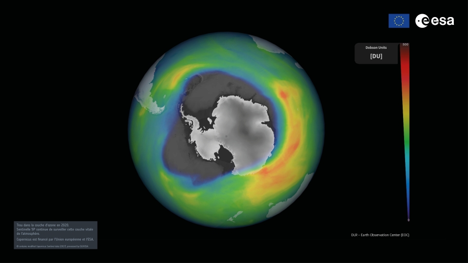 Trou dans la couche d’ozone en 2020 – Données Sentinel 5P © contains modified Copernicus Sentinel data (2017), processed by DLR/ESA. 
