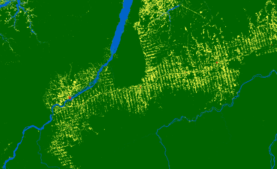 This map shows land imaging of the Amazon in Brazil for Carbon Assessment applications using ESA WorldCover. Deforestation can be tracked by monitoring tree cover (dark green colour), which gives way to grassland (yellow colour).