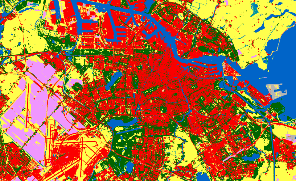 Land-use planning is facilitated with land imaging maps using ESA WorldCover, such as this one of Amsterdam in the Netherlands. Urban land cover shows a good distribution of tree cover (dark green colour) inside the city built-up area, which is not the case around the harbour area. Meanwhile a large part of the land around the airport is use for agriculture and therefore classified as cropland.